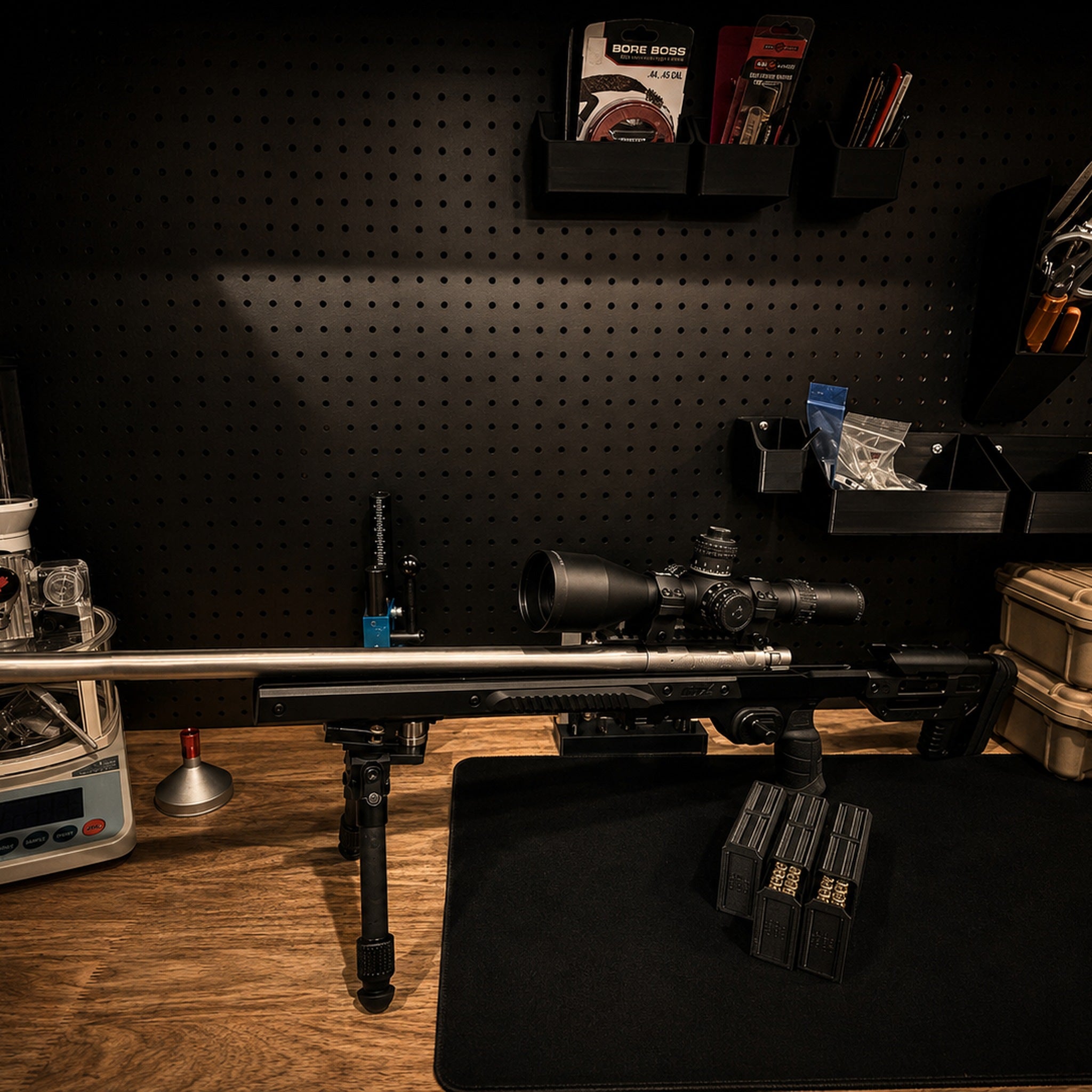 Forward Point cases beside a bolt-action rifle on the bench