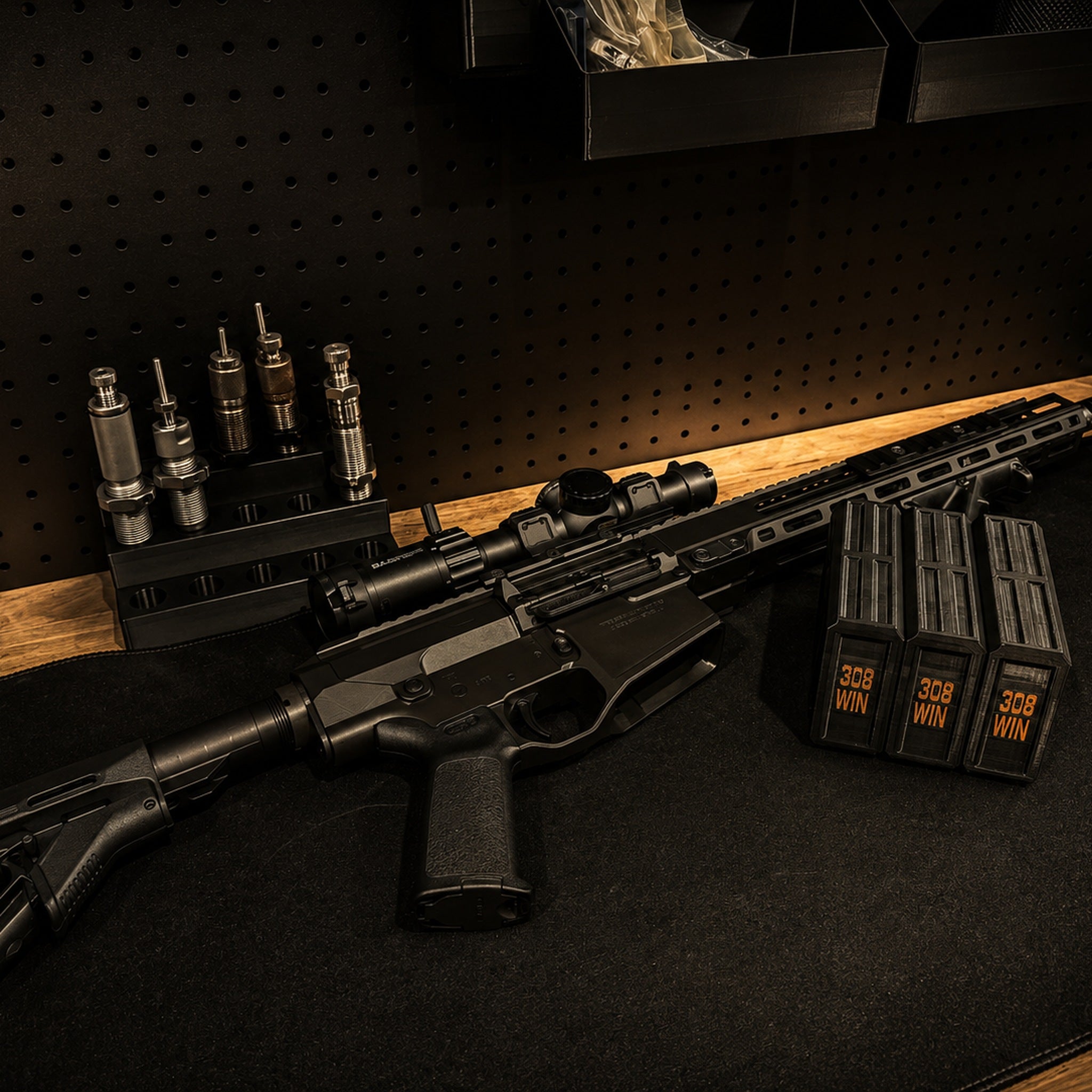 Forward Point Sleeve Cases beside a rifle on the reloading bench